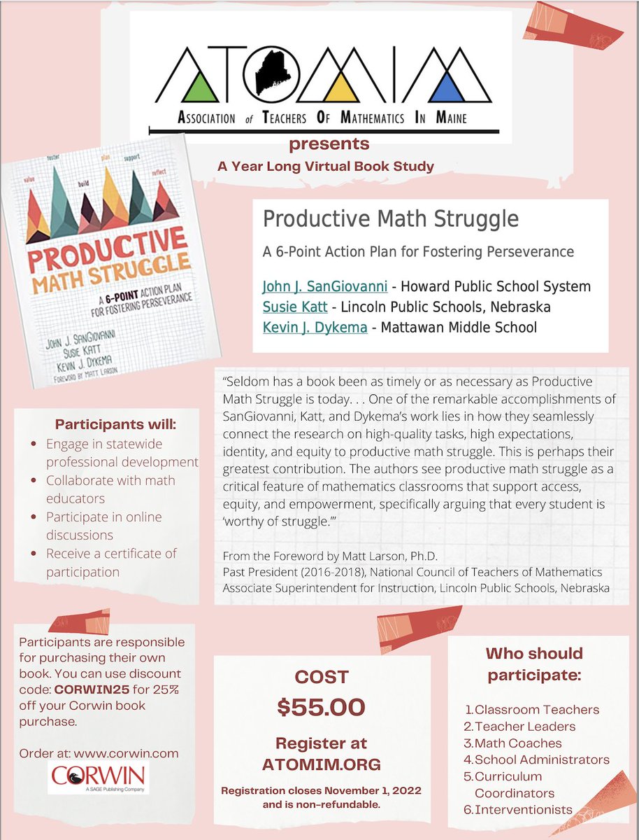 mainemath's tweet image. Book study 22-23 is geared supporting students with productive struggle! Participants choose between 2 virtual sessions with 1 in person or 3 virtual sessions. Sign up here: atomim.wildapricot.org/events @rimtamath @NHTM1964 @VermontMath @atomic_math @ATOMICMath @ATMIM_Updates