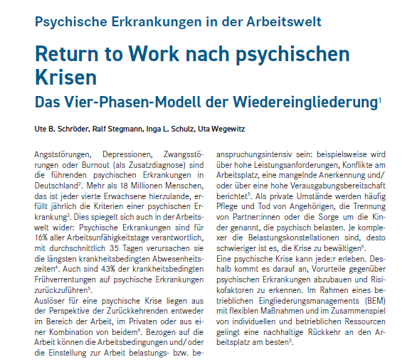 Return to Work nach psychischen Krisen: Das Vier-Phasen-Modell der Wiedereingliederung wird in der neuen #forumarbeit von Ute B. Schröder und Kolleg:innen der <a href="/baua_de/">Bundesanstalt für Arbeitsschutz und Arbeitsmedizin</a> vorgestellt 👉 bagarbeit.de/themen/forumar…