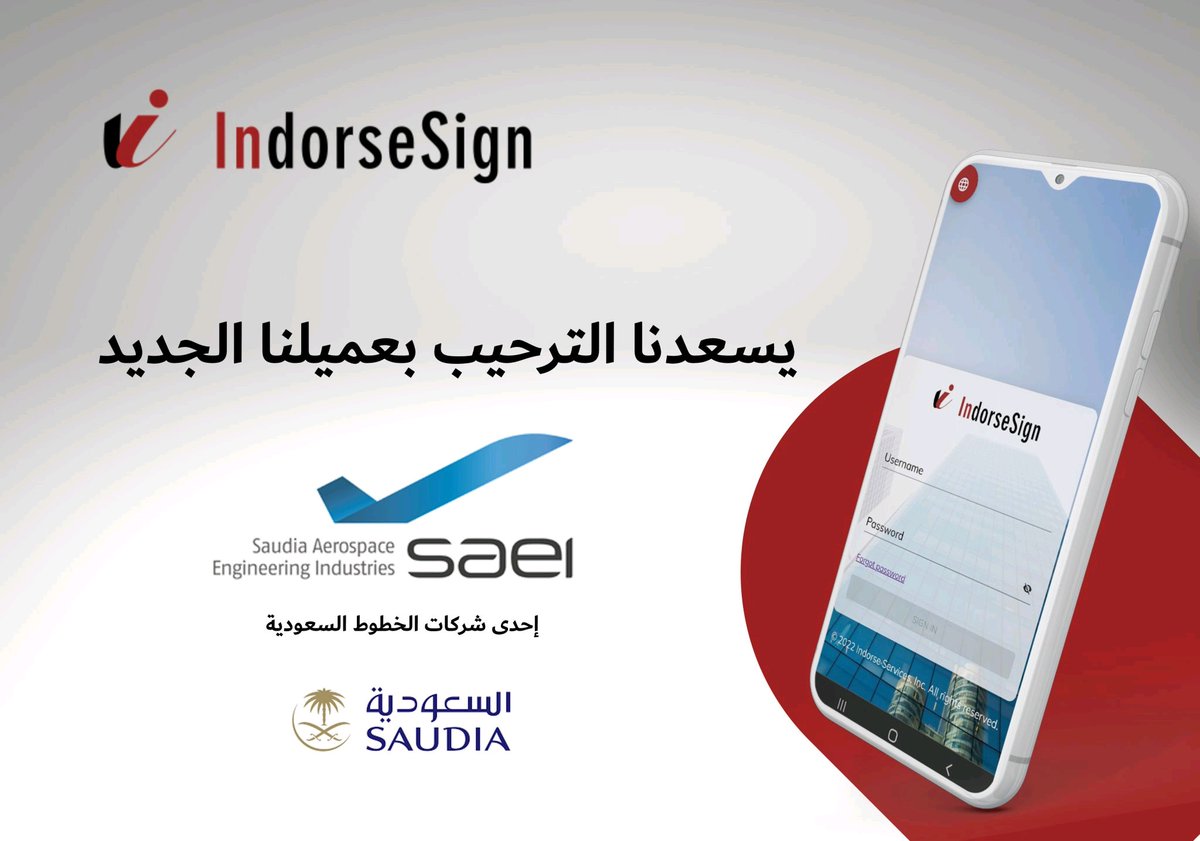 INDORSE_SIGN's tweet photo. شركة الخطوط السعودية لهندسة وصناعة الطيران و هي إحدى شركات الخطوط الجوية العربية السعودية اختارت منتجنا لأتمتة توقيع المستندات بهدف تسريع الانجاز و رفع كفاءة الأعمال بأمان و سهولة!

للاستفسار يمكنم التواصل عن طريق info@indorse.com.sa https://t.co/Ux1SaNPqm9