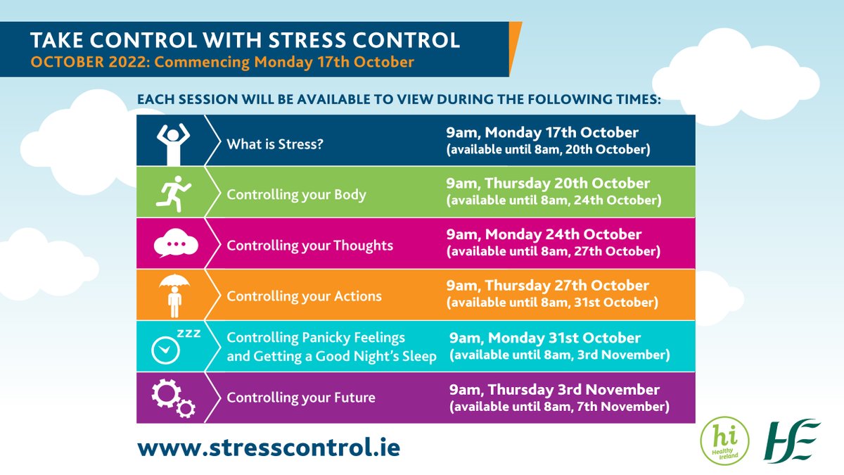 There was a mistake in the previous October timetable that we shared for the #StressControlIrl online programme. Please share the version below which today sees the Controlling Your Thoughts session being aired on stresscontrol.ie #stressmanagement #anxiety #mentalhealth