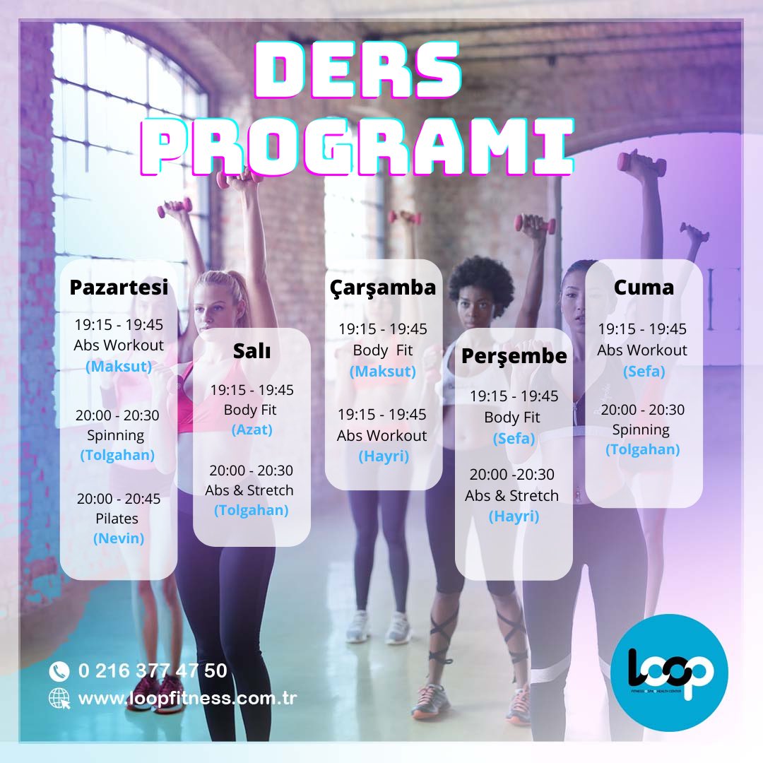Loop’ta bahane yok! Herkese göre ders var! Haftalık ders programımız yayında.

Detaylı bilgi için bize ulaşın.⠀⠀
 ☎ 0 (216) 377 47 50
🌐 loopfitness.com.tr
 
#loopfitnessspa #fitness #pilates #yüzme #havuz #boks #spa #masaj #terapi #okul #eğitim #kışspor #spinning