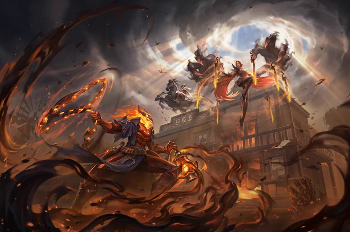 Wild Rift High Noon Ashe, Irelia, and Thresh Promo Art by BlackVIII  