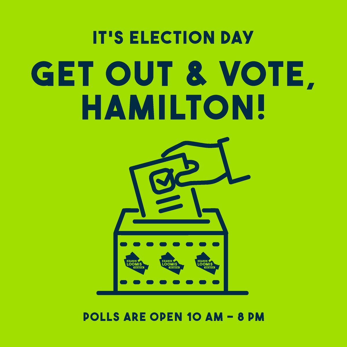 It’s Election Day, #HamOnt! 🗳
 
Polls are open from 10am to 8pm. Make a plan to #VoteLoomis! 💚💙

Your vote for <a href="/keaninloomis/">Keanin Loomis</a> for mayor will make change in the city we all call home.
 
More info on voting and polling locations👇 
voteloomis.ca/vote