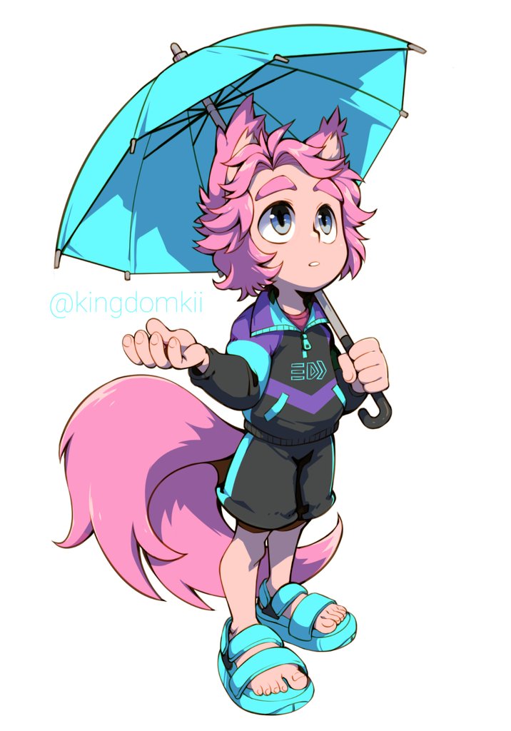 1boy animal ears tail male focus pink hair umbrella fox tail  illustration images
