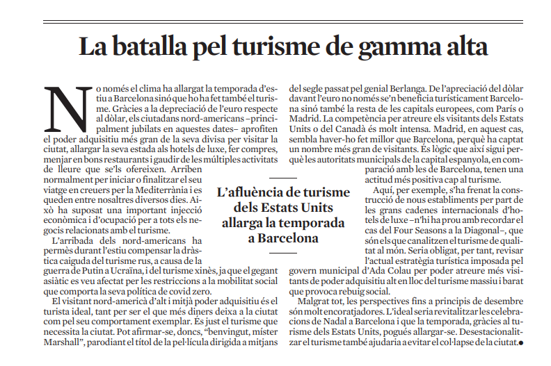 El turisme nord-americà allarga l’estada en hotels amb repercussió al comerç, restauració, cultura; un turisme #Premium per aconseguir objectius d’ocupació i desestacionalització.
 
👉bit.ly/3eXvMy6

<a href="/BarcelonaTurism/">Barcelona Turisme</a> <a href="/bcn_ajuntament/">Ajuntament de Barcelona</a> @cambrabcn <a href="/TurismeDIBA/">TurismeDIBA</a> <a href="/LaVanguardia/">La Vanguardia</a>