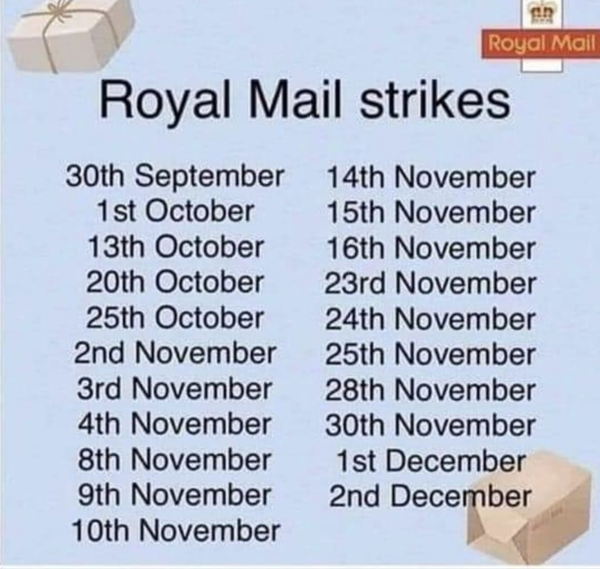 With November approaching, please be aware of the strike dates of  <a href="/RoyalMail/">Royal Mail</a>. All orders from <a href="/eBay_UK/">eBay UK</a> shop &amp; website will be processed as received, but deliveries will be delayed for upto 7 working days #ebayseller #ebayshop #royalmail #postalstrike