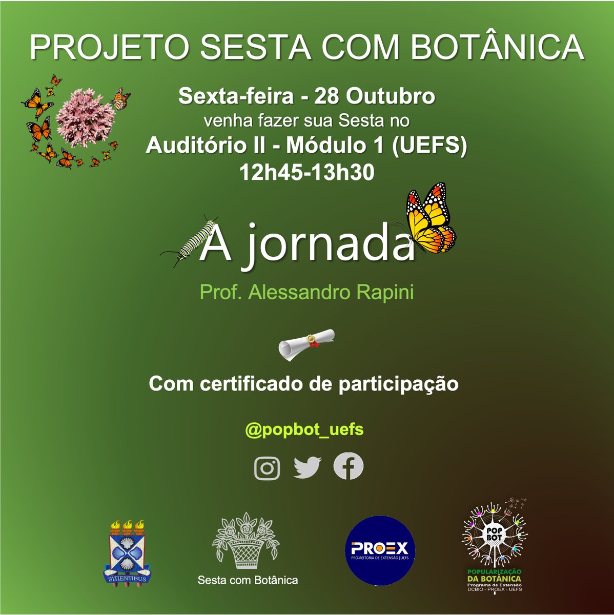 rapinibot's tweet photo. A cada outono, as borboletas-monarcas viajam mais de 3.000 km para passar o inverno nas montanhas do México. Elas não fariam essa longa jornada não fosse o arsenal químico de plantas latescentes do gênero Asclepias.

Sexta, venha fazer a sesta no auditório II do Mod. 1 (UEFS) https://t.co/pWCB1ZNCux