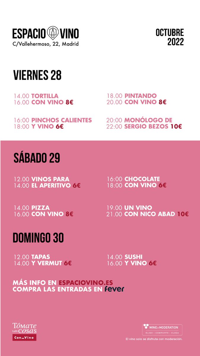 ¿Te gustan los planes originales? ¿Te gusta el vino? ¿Y si lo juntamos todo?🤔
¡¡Vuelven los mejores PLANES CON VINO!!🍷
 
Ven a Espacio Vino y disfruta de este espacio de la mano de <a href="/mejorcon_vino/">Mejor con vino</a> 
 
Apúntate aquí 👉🏻 feverup.com/madrid/espacio…
