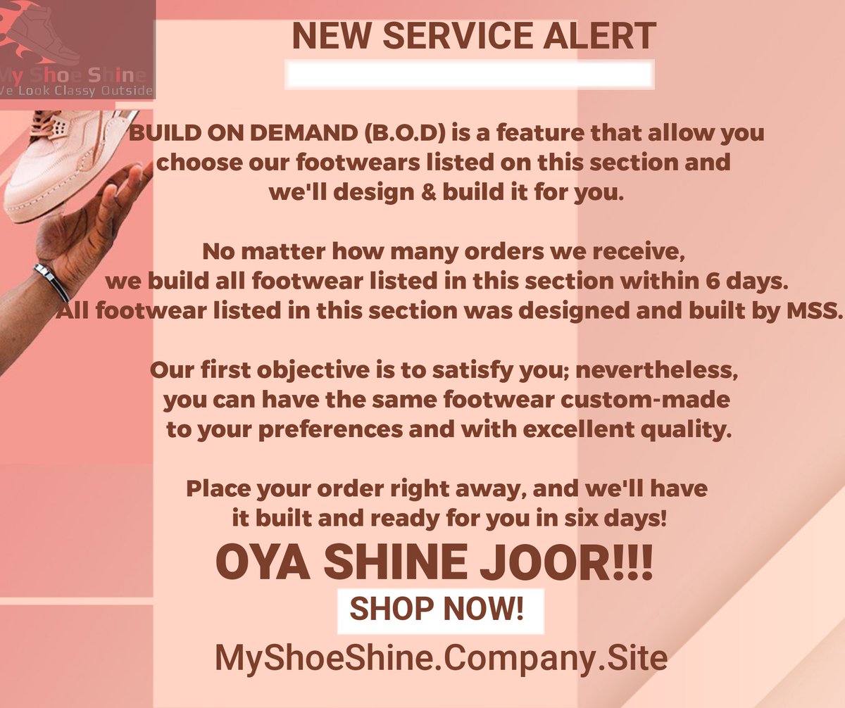 MyShoeShine_'s tweet photo. #MyShoeShine now offer #BuildOnDemand #BOB service π―
Kindly Check it out on; https://t.co/WnXapZKpTQ https://t.co/pHhSKgwL0C