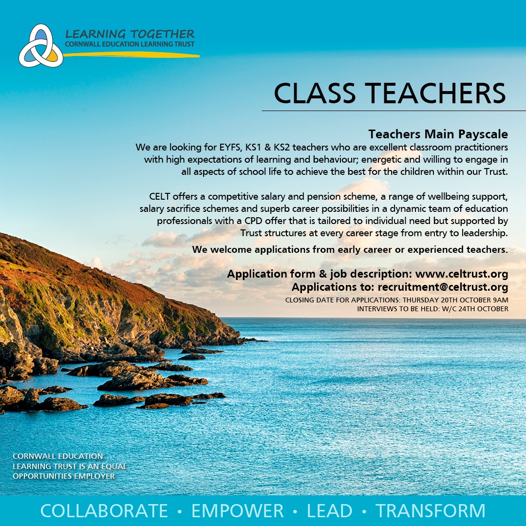 Are you an EYFS, KS1 or KS2 teacher looking for an exciting new opportunity? 

Competitive salary, tailored CPD and superb career possibilities. celtrust.org/join-us/vacanc……

#CELTrust #WeAreCELT #PrimaryTeacher #TeachingSouthWest #CornwallCareers #CornwallTeachers #CornwallJobs