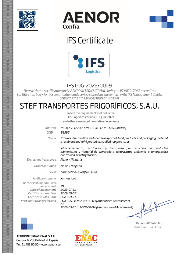 📝 STEF Olot obtiene la certificación en IFS (International Food Standard)✅ acreditando así el cumplimiento de la normativa en materia de almacenamiento, distribución y transporte de productos alimentarios a temperatura controlada. bit.ly/3F7tNlF