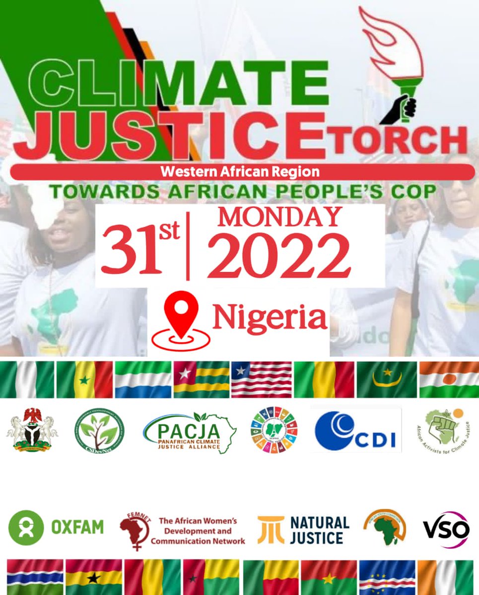 Come Monday 31st of October, 2022. The Climate Justice Torch will be ignited in Nigeria 🇳🇬. Towards #COP27 in Egypt. Join the Campaign. #ClimateJusticeTorch #WhatHasChanged? @CSDevNet1 @PACJA1 @FMEnvng @MohdHAbdullahi, @OdumUdi,@DrSalisuDahiru, @iniabiolawe,@eugeneitua2