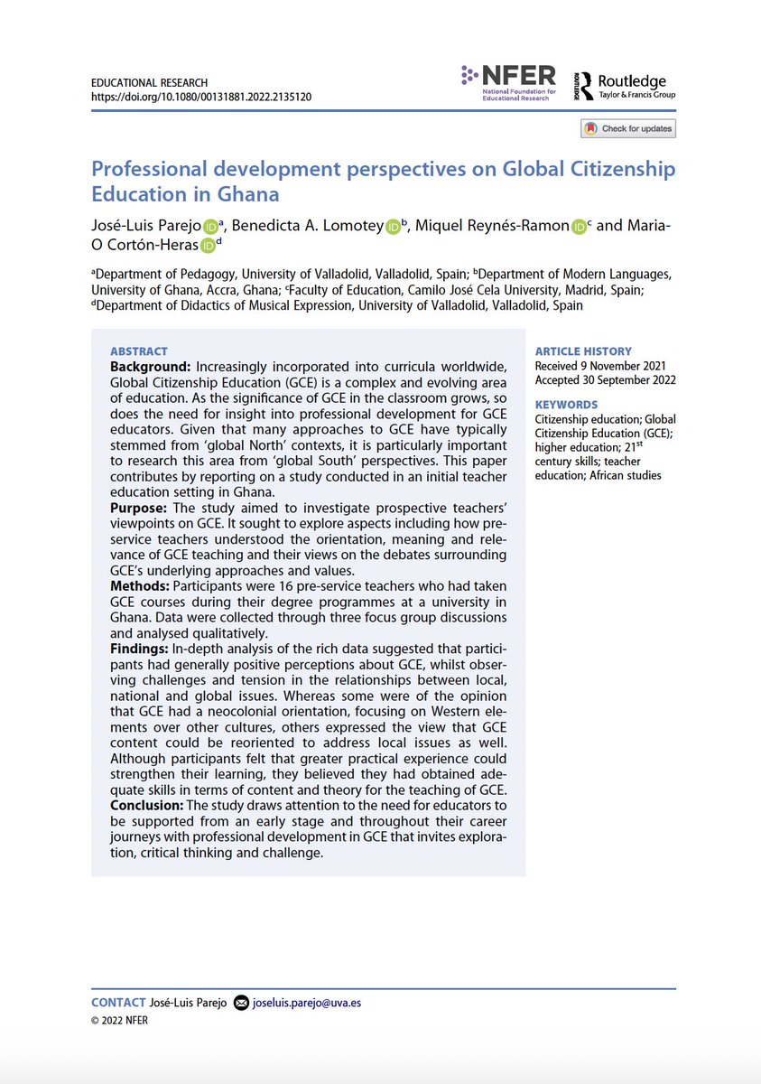 jlparejo's tweet photo. 📡New research published in #EducationalResearch @TheNFER @tandfonline

📰"Professional development perspectives on Global Citizenship Education in #Ghana" 

✍️Together with @maocorton (@UVa_es) @balomotey (@UnivofGh) &amp; #MiquelReynes (@universidadcjc) 

🔜 https://t.co/E3MNFPmq5G https://t.co/chhDZ7u4Qy