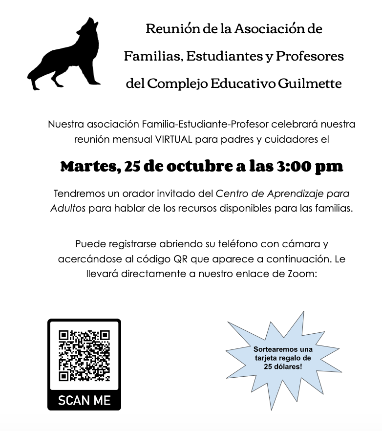 MiddleGuilmette's tweet photo. Guilmette families, 
please be sure to check out our next VIRTUAL FSTP (family, student, teacher, partnership) meeting TOMORROW, Tuesday October 25th at 3pm.  Don't forget to register with the QR code shown below. We can't wait to "see" you there! https://t.co/PXEOUeRecc