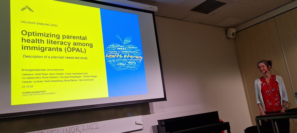 helinorresearch's tweet photo. Anna Macintyre presenterer sitt brobyggerprosjekt samarbeid m @OsloMet og @Oslokommune om #helsekompetanse blant innvandrerforeldre i Bjerke bydel #OPALproject @kirstiri @helseth_s @Kristinharaldst #HELINOR2022 https://t.co/WFyf6Zvo4g