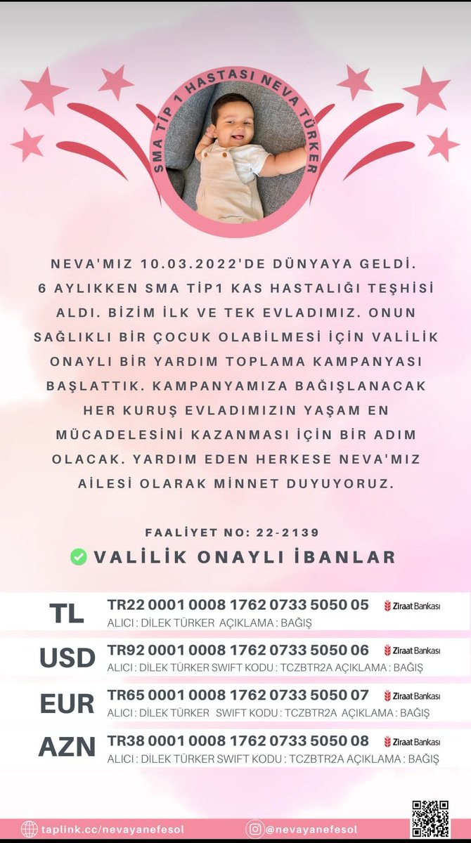 nevayanefesol's tweet photo. Sma değil Neva kazansın... ❣️

Neva 7 aylık sma tip1 hastası bir meleğimiz, lütfen onun sesi olalım, yaşam mücadelesine destek çıkalım 🙏

#nevayanefesol #sma #smatip1 #mügeanlı #GSvALY #pazartesi #help #smatype1 https://t.co/mM5MRQmKr6