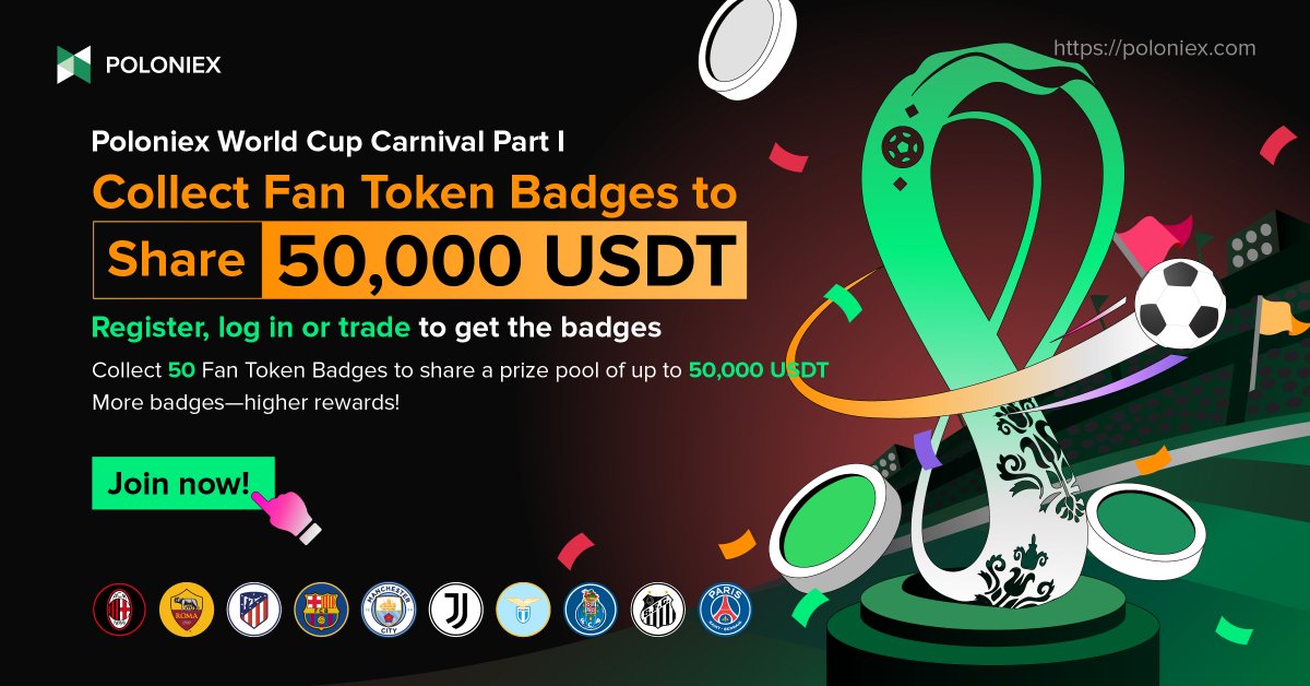 Poloniex World Cup Carnival has started!🥳🎉⚽️

Follow one of the steps below to collect #fantoken badges &amp; share 50,000 USDT!💸

🔥 Register on Poloniex
🔥 Log in poloniex.com
🔥 Trade Fan Tokens 

More badges - higher rewards!🤑

Join NOW 🏃‍♂️🤩poloniex.com/campaigns/worl…