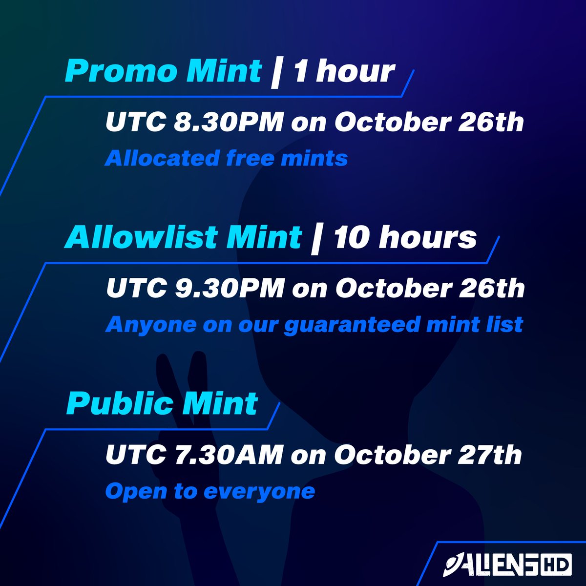 AliensHD_nft's tweet photo. 🌎 So what's our ask?

Join us on October 26/27 at https://t.co/Pu9s7nEGrj as we mint in peace.

We are a hard working team &amp; here for the long haul as we deliver value to Aliens HD holders.

Help us land these aliens on earth.

🛸 https://t.co/XNeJ2zzPjg