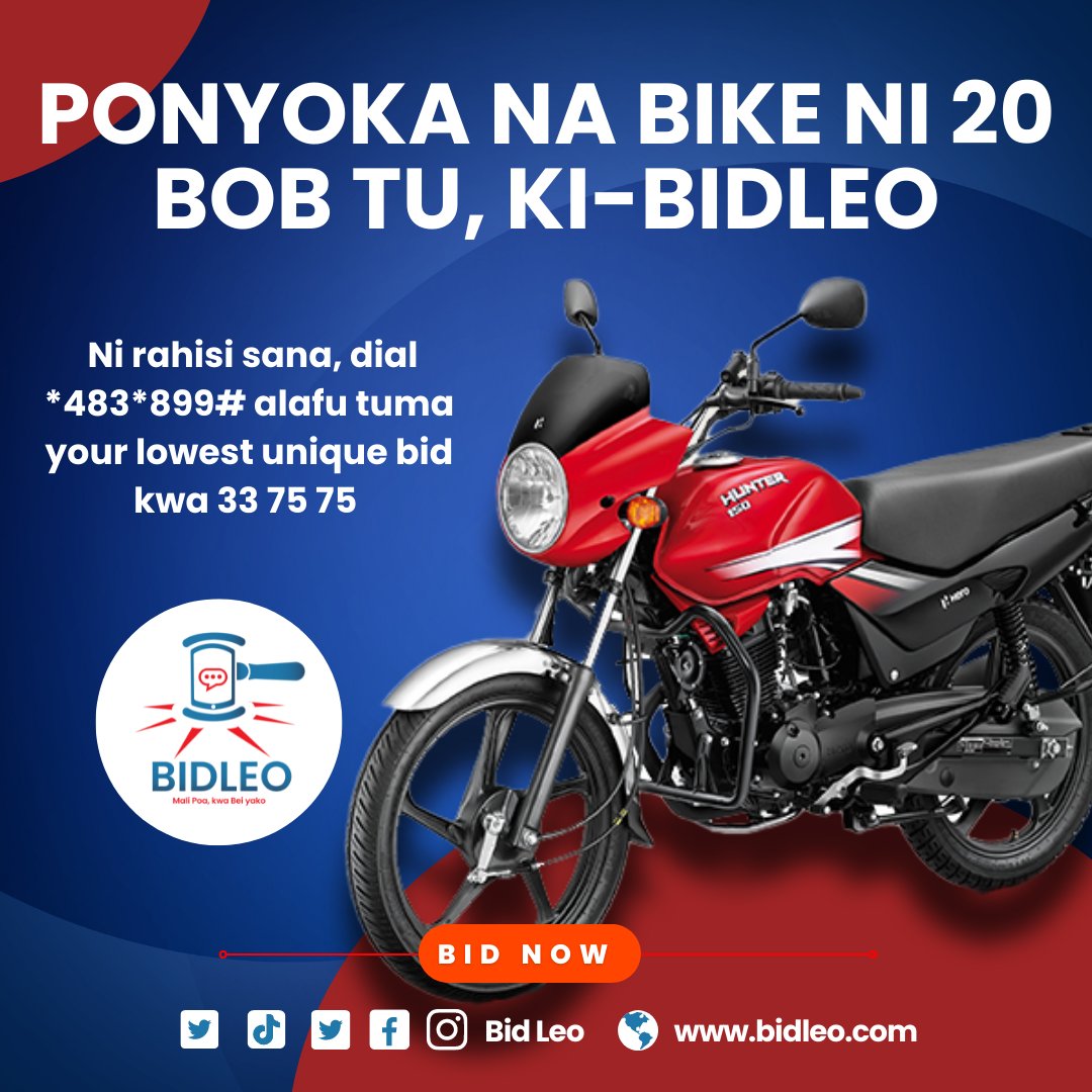 💥 USISLEKI !

Chachisha mtaa na Senke Brand New🥳. 
Wacha waku-tambue leo! 💯 

Ni simple 👊
DIAL *483*899# or send 20 bob to paybill 33 75 75 with item and bid amount as the account number.

You can also bid online on bidleo.com
#BiNiLeo  #Bidleo