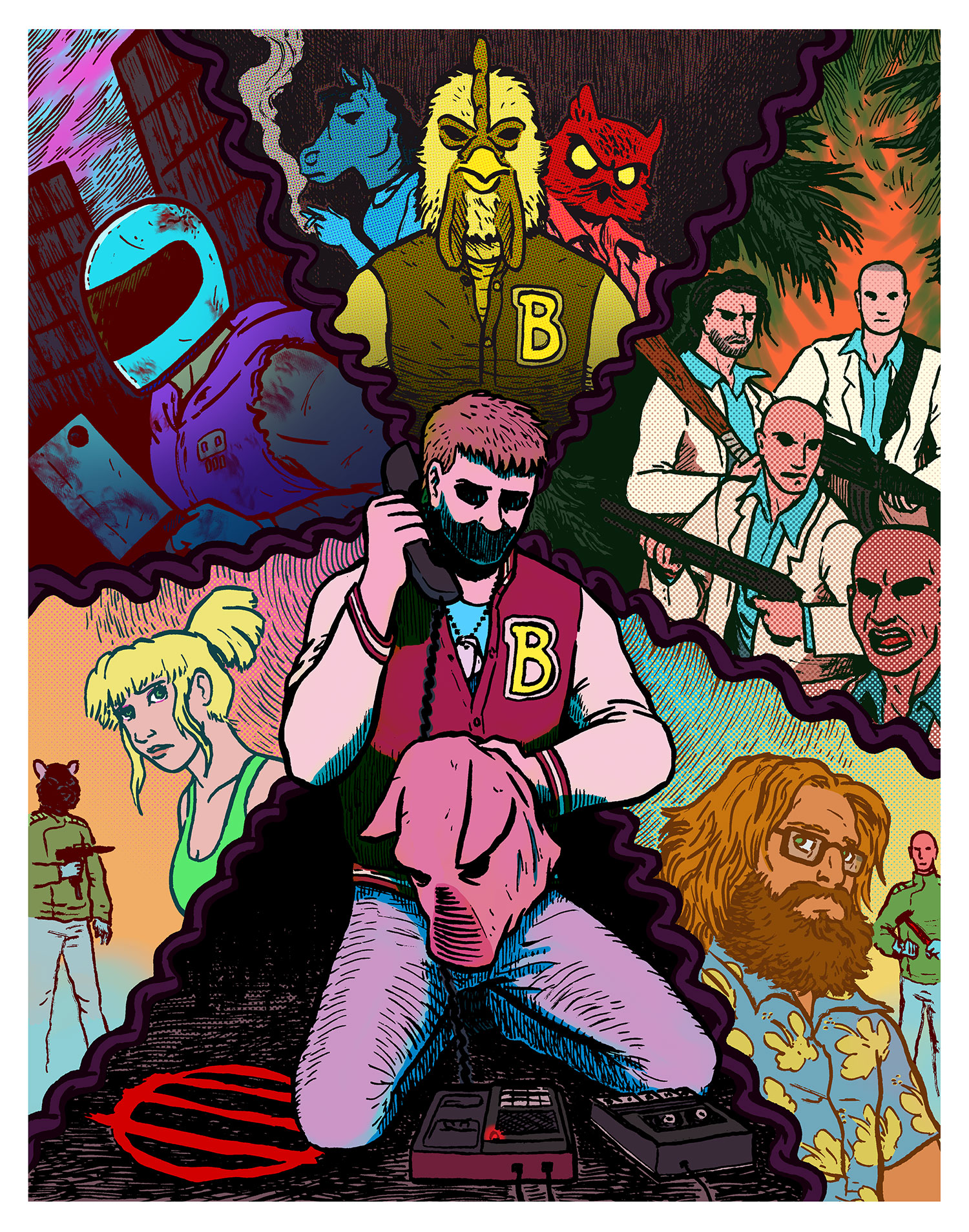 Illustration of the game Hotline Miami, featuring the protagonist kneeling in front of a phone, his face is obscured. The background has various characters from the game separated by phone cords.