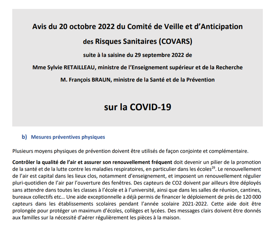 nousaerons's tweet photo. Le COVARS recommande dans son avis du 20/10 de faire de la qualité de l'air intérieur un pilier de la prévention contre les maladies respiratoires, notamment dans les écoles. Des capteurs de CO2 doivent être déployés, sans attendre, dans toutes les classes, salles de réunion etc. https://t.co/da9Yj4rEOz