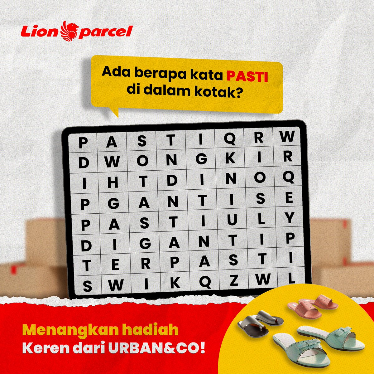 lionparcel_'s tweet photo. Ada berapa kata PASTI di dalam kotak?
Menangkan hadiah dari Urban&amp;Co.
Caranya:
1. Follow @lionparcel_ &amp; IG @urbancoofficial
2. Like, RT, QRT &amp; Reply jawaban sebanyak-banyaknya
3. WAJIB pake #LionParcel dan #KasihYangPASTI, dan #urbancogiveaway
4.  Periode hingga 30 Okt 2022
🥰🥰 https://t.co/pd8pTl8BGH