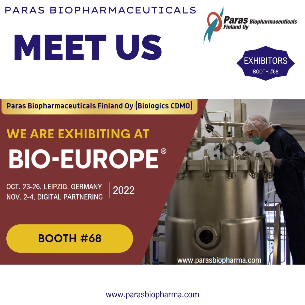 ParasBiopharma's tweet photo. Paras Biopharmaceuticals Finland Oy is very pleased to be exhibiting at #bioeurope2022 from today! Stop by our Booth #68 and meet your future #biologics #cdmo partner at the industry’s largest gathering of biopharma executives in Europe!
#cdmo #biologics #manufacturing #EBDgroup https://t.co/8FVbmADnTy