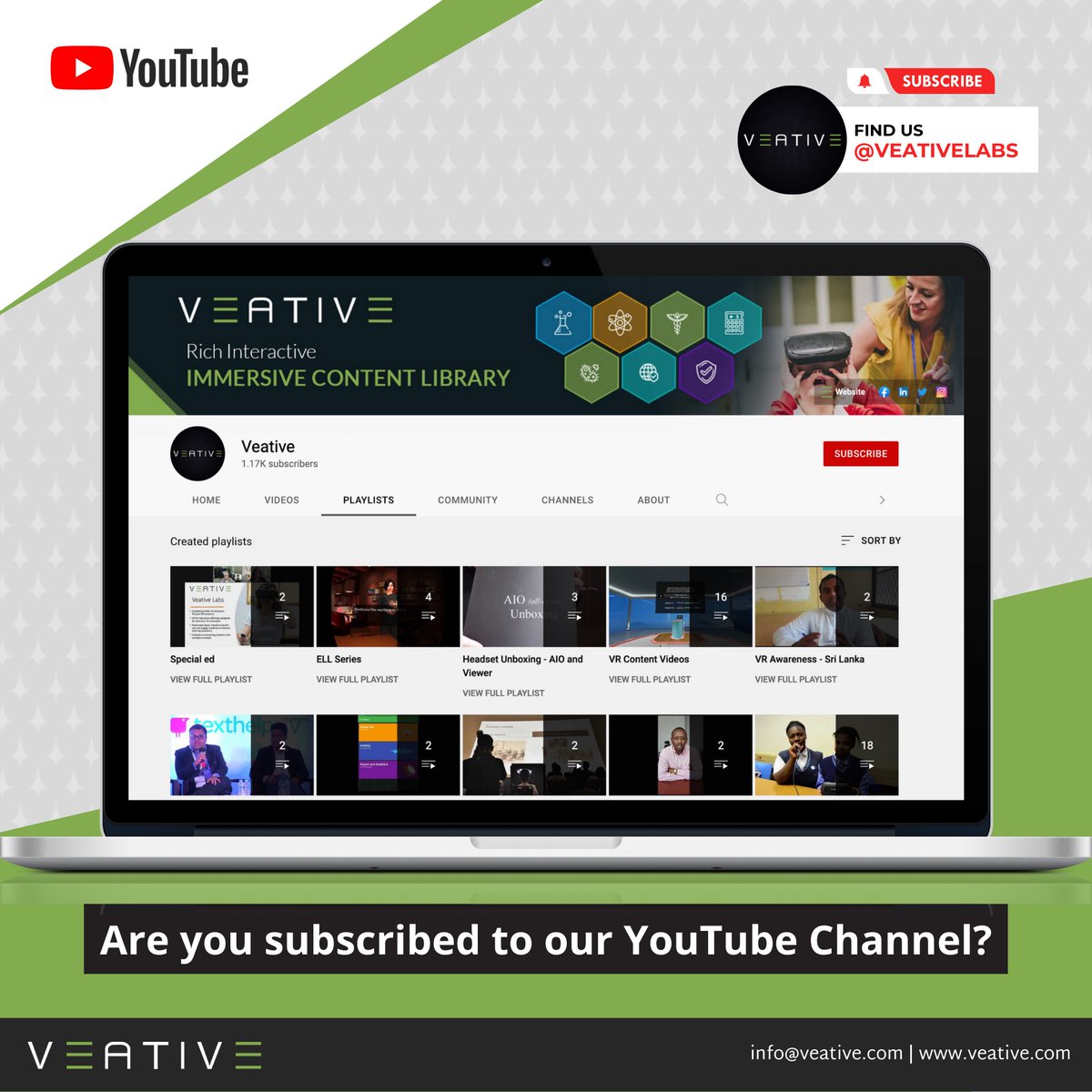 Did you know that we have a youtube channel? 

We’re always posting new videos with the latest news, content and features of our VR platform! You can either search for VeativeLabs or visit youtube.com/c/VeativeLabs/ to subscribe!