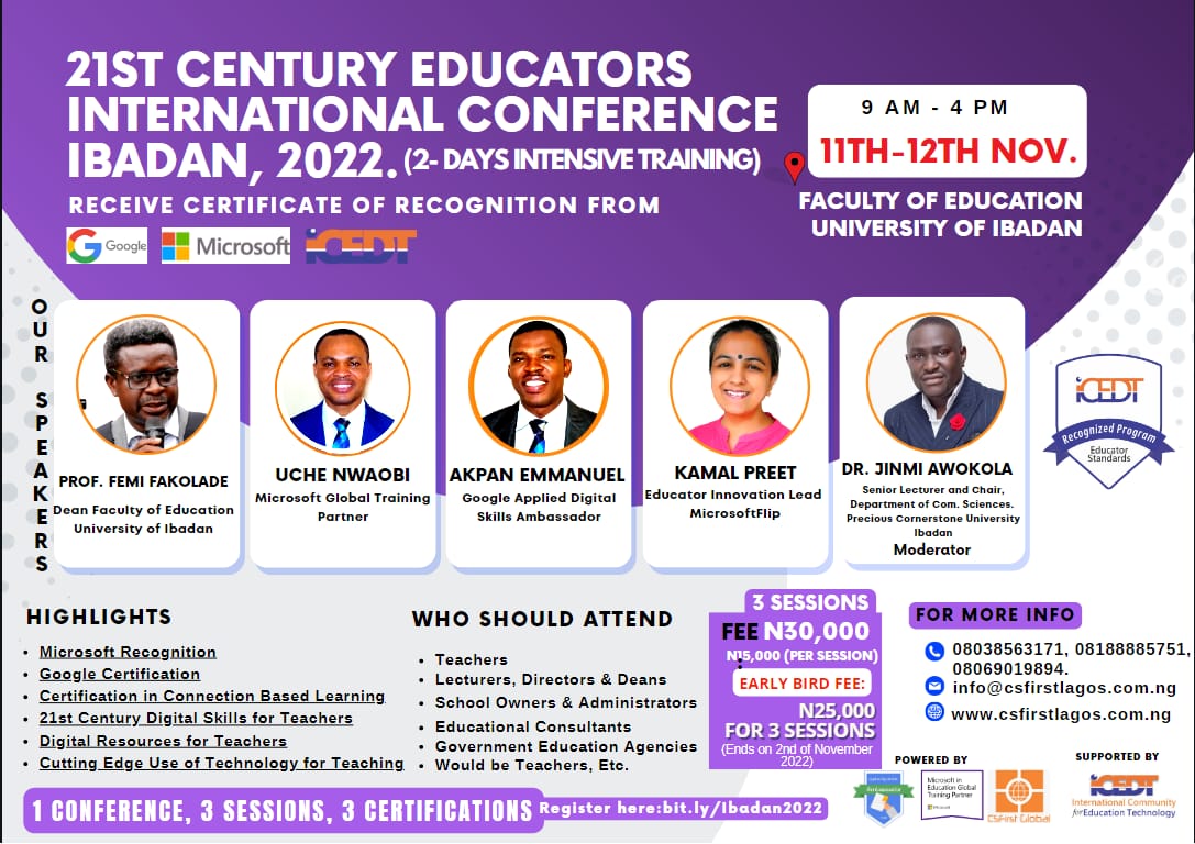 DrAlongeAJ's tweet image. 📍 *OVER 500 TEACHERS, LECTURER, EDUCATORS  WILL BE CERTIFIED BY MICROSOFT, GOOGLE AND ICEDT AS AN INNOVATIVE 21ST CENTURY EDUCATORS IN IBADAN 2022.* -WILL YOU BE AMONG THE TEACHERS THAT WILL BE TRAINED ON TECHNOLOGY APPLICATION FOR SCHOOLS?_*
-for Info:  checheskynews.blogspot.com/2022/10/over-5…