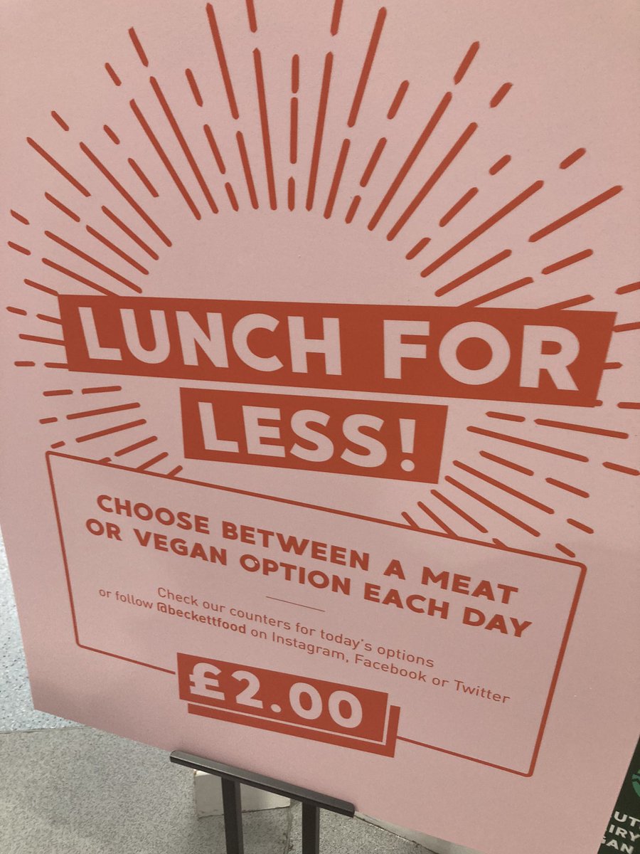 Applause for this initiative @leedsbeckett. £2 meal with vegan and carnivore options. Today’s beetroot falafel wrap in the Rose Bowl was so good - and ridiculously so at that price. #HelpOutToEatOut!