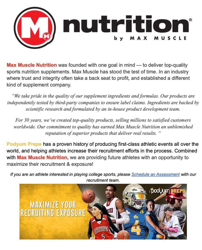 We are excited to announce continue our partnership with <a href="/MaxMuscle10/">Max Muscle</a> ! Players attending the 2022 @PodyumpPreps All-American Bowl will be provided with nutriotional supplements developed by athletes for athletes!!

maxmuscle.com
#EarnYourLevel #PPAllAmerican #MaxMuscle