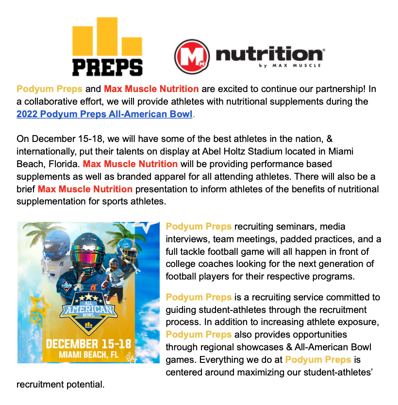 PP_All_American's tweet photo. We are excited to announce continue our partnership with @MaxMuscle10 ! Players attending the 2022 @PodyumpPreps All-American Bowl will be provided with nutriotional supplements developed by athletes for athletes!!

https://t.co/3Rt0WEjrpQ
#EarnYourLevel #PPAllAmerican #MaxMuscle https://t.co/sPtSArRRVN