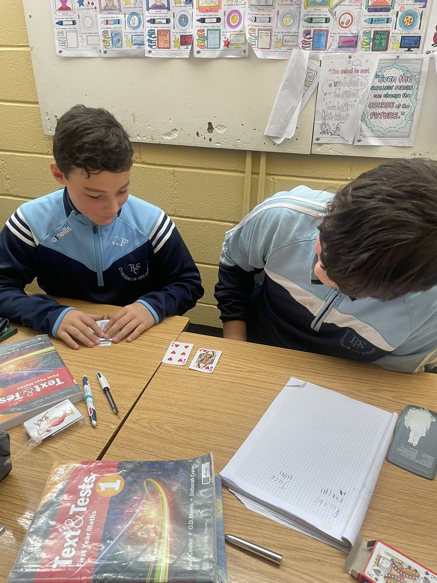 alannaroche's tweet photo. 1st years using cards to play ‘integer wars’! Red cards were negative and black cards were positive 🃏 📐 ✖️ #fun #jcmaths @JctMaths @ProjectMaths_ie https://t.co/wbzJue312C