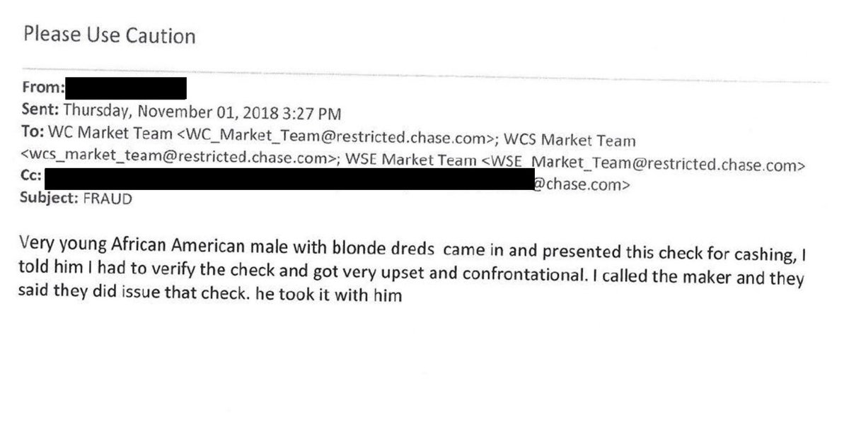 I received leaked emails showing JPMorgan Chase tellers in the Northeast (NY-CT-NJ) trying to warn each other about suspicious customers. They're part of a never-ending thread the tellers are constantly adding to in real time. All start with the phrase 'Please Use Caution...'