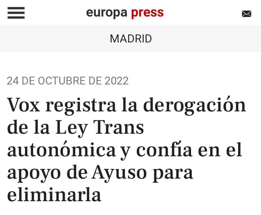 Hemos registrado la derogación de la #LeyTrans en la Comunidad de Madrid. Es una ley aprobada en 2016 que ya ha hecho demasiado daño. Nuestra prioridad es proteger a los niños. europapress.es/madrid/noticia…