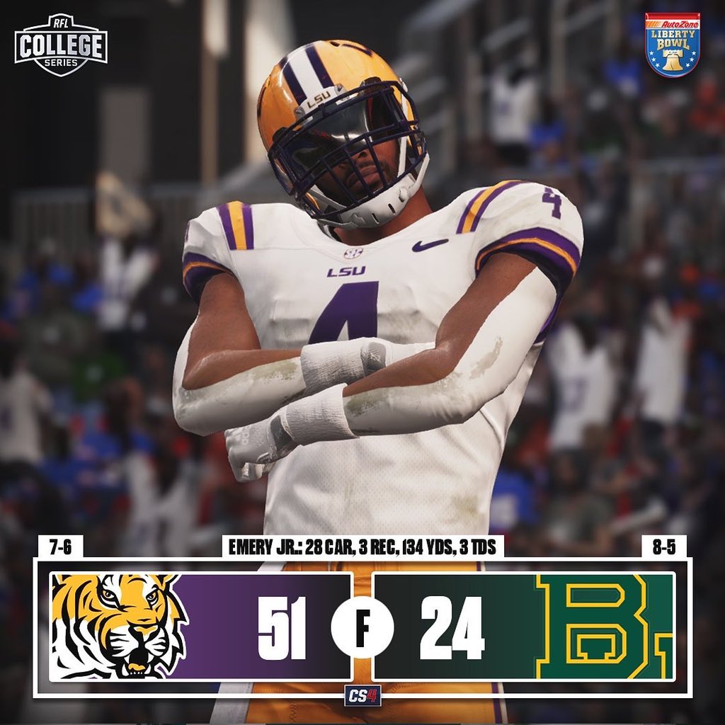 RFL_Sim_League's tweet photo. Big wins in last night’s Bowl games. North Carolina dominated Penn State in the Orange Bowl with all around stellar play 45-24. LSU stunned Baylor in the Liberty Bowl with a major upset 51-24! The common struggle of ball security killed the Bears in the end as LSU finishes 7-6. https://t.co/pOqJD8IIQW