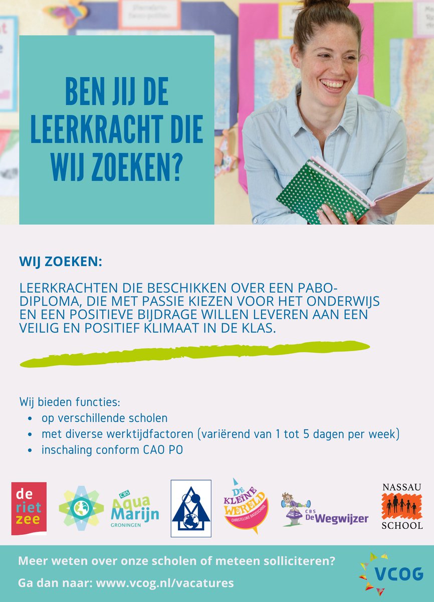 Wij zijn op zoek naar leerkrachten voor verschillende locaties in Groningen. Meer weten of meteen solliciteren? Ga dan naar vcog.nl/vacatures. #vacature #basisonderwijs #vcog