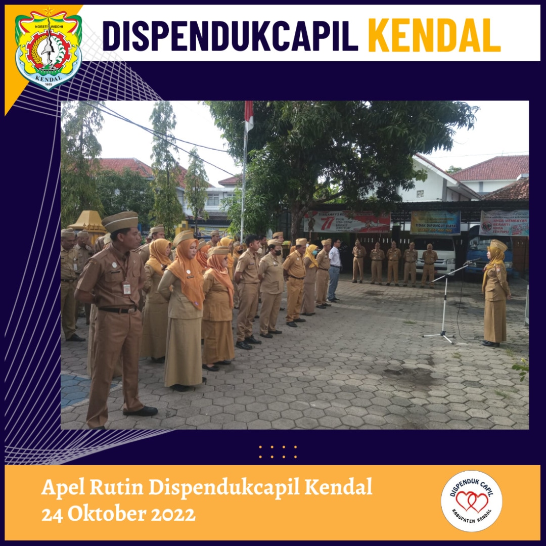 capilkendal's tweet photo. Apel rutin di Dispendukcapil Kendal pagi ini Senin, 24 Oktober 2022. Kepala Dinas Kependudukan dan Pencatatan Sipil Kabupaten Kendal, Ibu Ratna Mustikaningsih, https://t.co/AiidqfThim selaku pembina apel memberikan evaluasi &amp; arahan ...
#DispendukcapilKendal 
#Kendalhandal https://t.co/Ua6xjtscZx