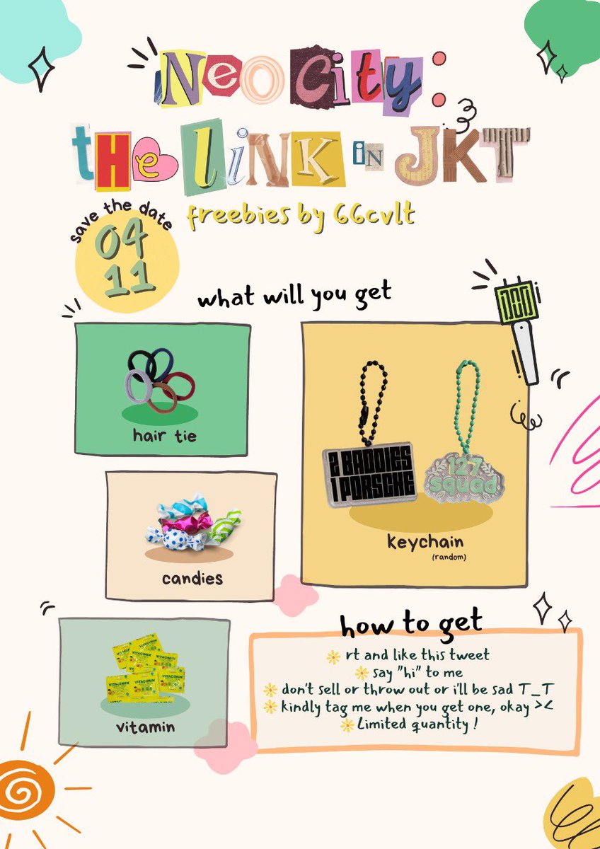 dandlieonj's tweet photo. :･ﾟ✧ ✿  — NEO CITY IN JAKARTA :
                 THE LINK —  ✿ ✧ :･ﾟ

            ♡ freebies by @66cvIt ♡

♡  4 nov 2022
♡  ice bsd, tangerang
♡  limited quantity ‼️
♡  place tba 🔜

#TheLinkInJKT #THELINKTourJakarta #NCT127inJKT https://t.co/mDvPztmDrr