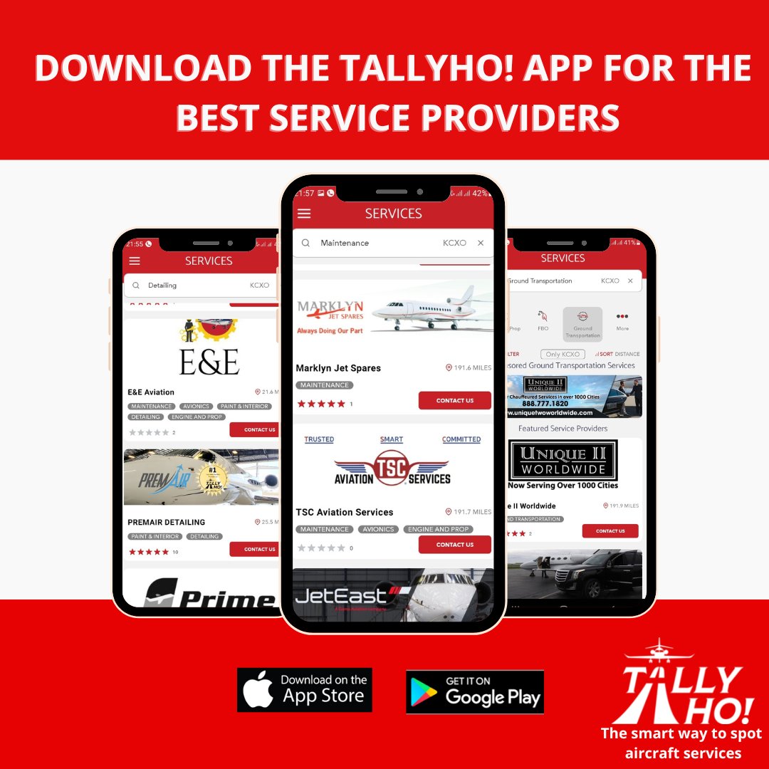 tallyho_apps's tweet photo. Aviation services all in one place. Download the TallyHo! App today and spot your favourite service provider.
#tallyho! #fbo #serviceprovider #smartwaytospotaircraftservices #bussinessaviation #app #aviation https://t.co/EEGZMBmhH0