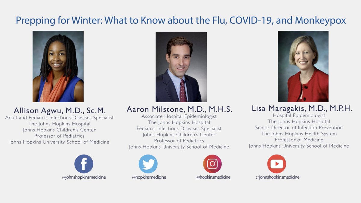 Join @HopkinsMedicine for a Facebook Live on October 28 as our infectious diseases specialists discuss the similarities and differences between the flu, COVID-19, and monkeypox — and how to protect yourself and loved ones from all three. More info here: bit.ly/3Fe0jT4