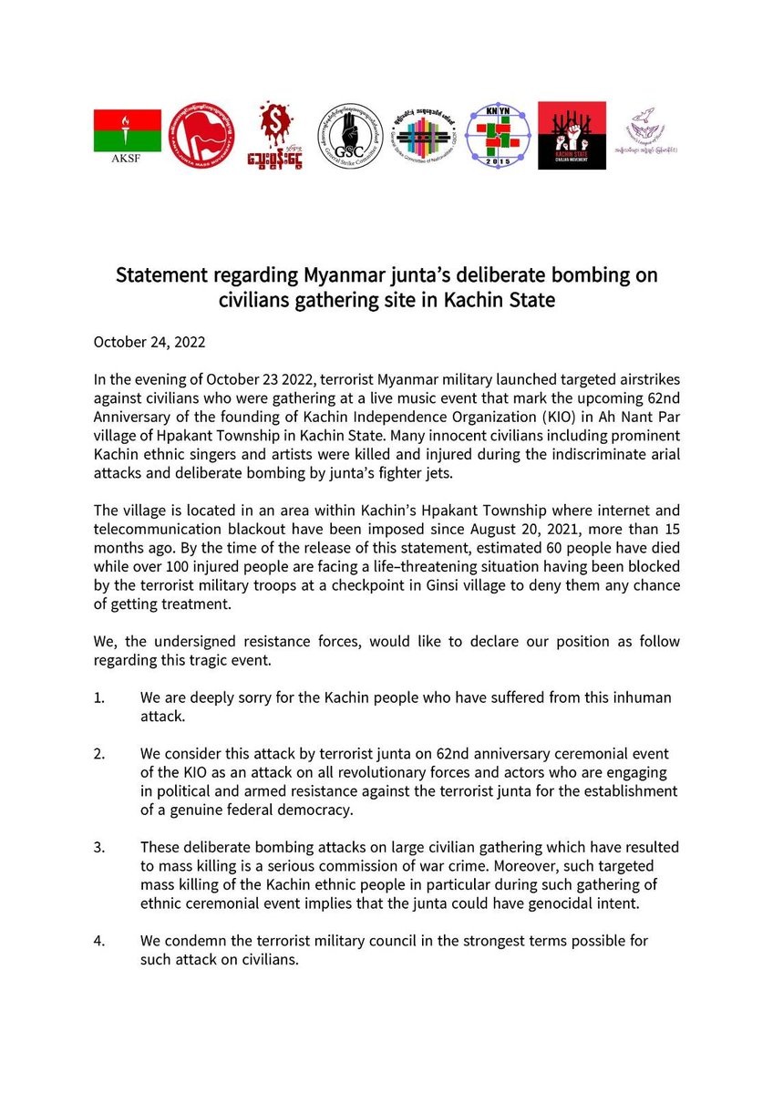 thinzashunleiyi's tweet photo. We are so sorry.
@GenStrikeCom's statement together with our alliances regarding Myanmar junta’s deliberate bombing on civilian gathering site in #KachinState
October 24, 2022
#HpakantMassacre
#GSCN #BloodMoneyMyanmar #GSC #AKSF #AJMM #KNYN #KSCM #WLB
#SanctionMOGE https://t.co/08KBiQy7Ze