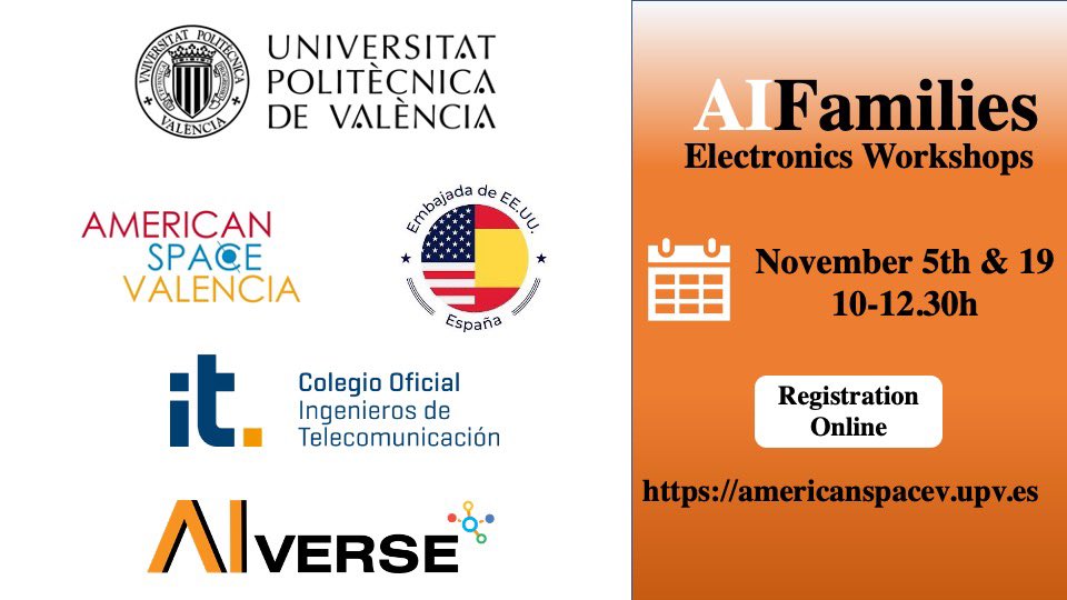 #AIFamilies si estás en Valencia, ATENCIÓN TALLER AIVERSE.Tech: 
🗓️5 y 19 de Noviembre
📍American Space Valencia
🕙 10h a 12:30h. 
#Regístrate en: 

americanspacev.upv.es/actividades/in…