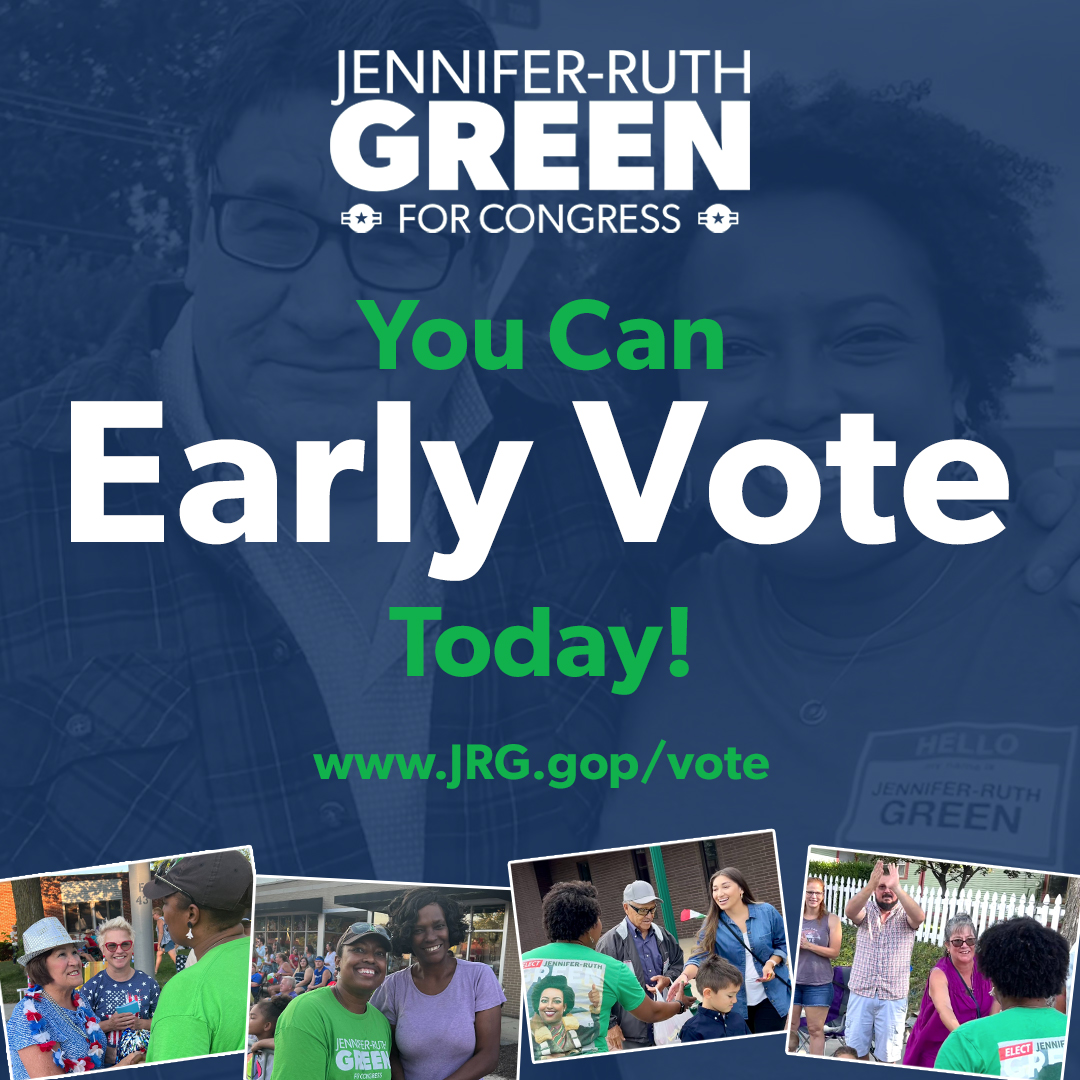 Early vote today for #JenniferRuthGreen and tag us in your social media post to show your strong support! 💚 🇺🇸 Find an early voting location near you at JRG.gop/vote! #IN01