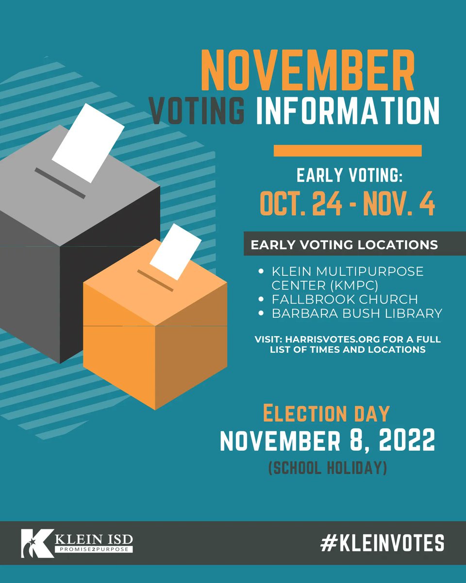 It’s the first day of EARLY VOTING, #KleinFamily! 🗳From now until November 4th, you can make your voice heard by casting your vote. Let’s continue our culture of voting! #KleinVotes 

Visit harris.org for more voting locations &amp; info.