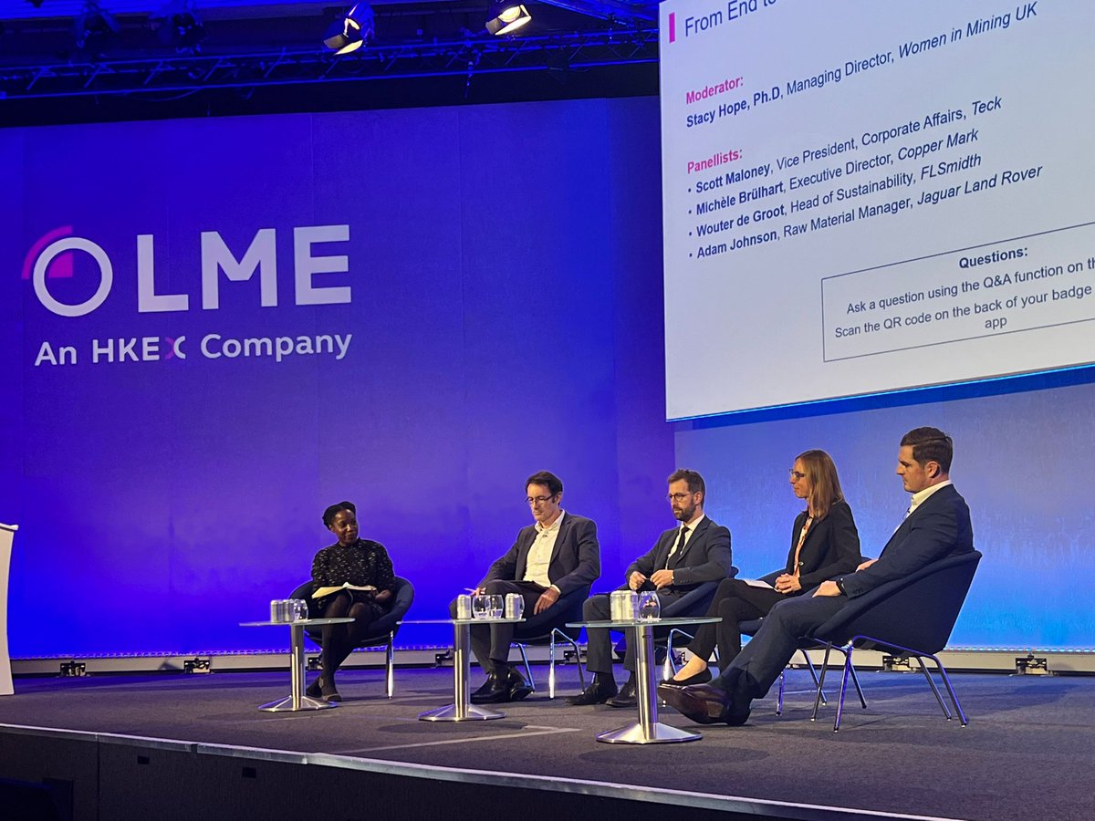 LME_news's tweet photo. Chaired by Dr Stacy Hope @SAAHConsultancy of @WIM_UK, our #ESG panel - Scott Maloney of @TeckResources, @wouterthegroot of @FLSmidth, Michèle Brülhart of @CopperMark and Adam Johnson of @jaguarlandrover – discuss setting expectations in ESG performance #LMEweek https://t.co/E8lfm44X96