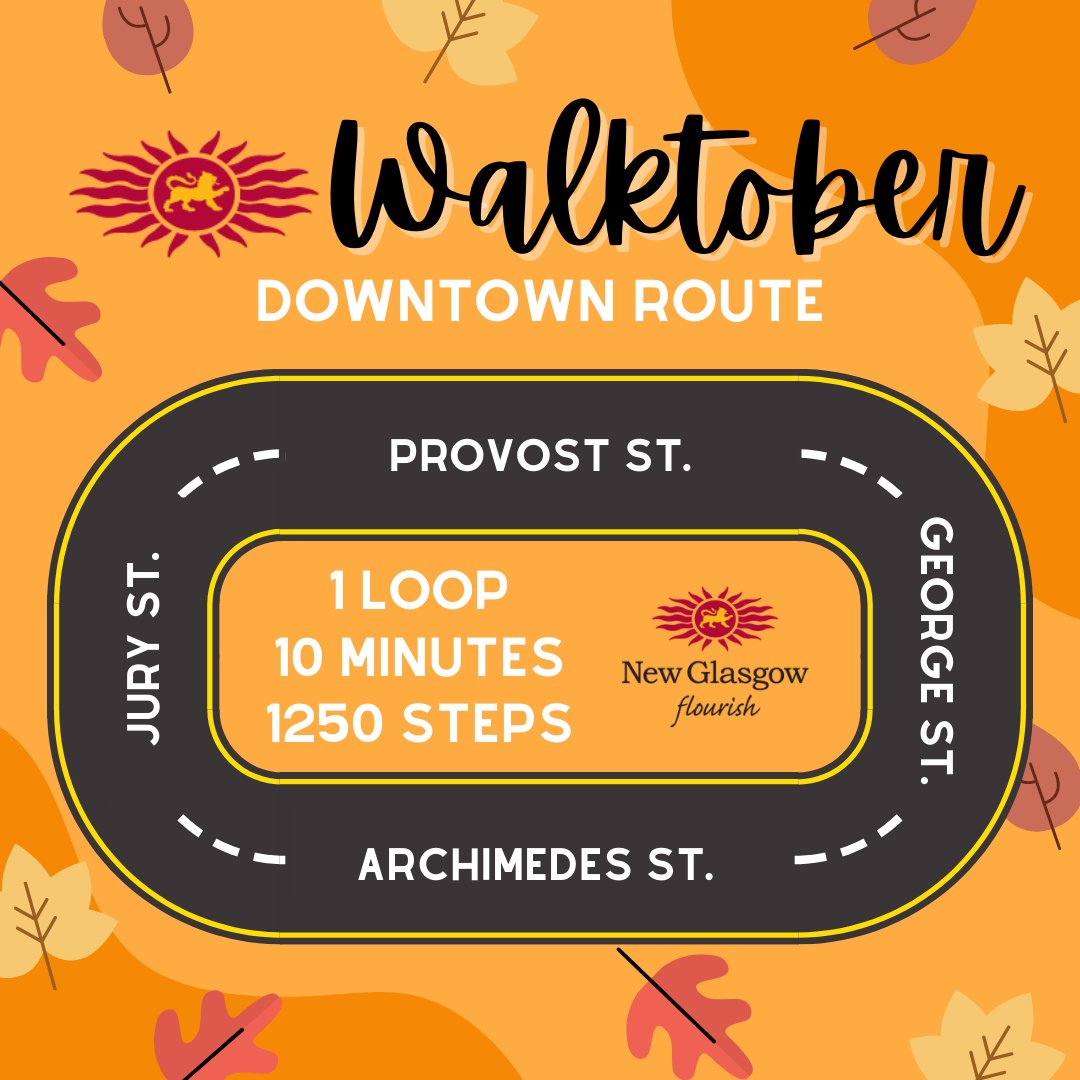 It's not too late to participate in Walktober! 🍂

Take walking breaks during the day and record your minutes for a chance to win some great prizes.

Just a ten minute walk around Downtown New Glasgow can help boost your mood, concentration, &amp; creativity.