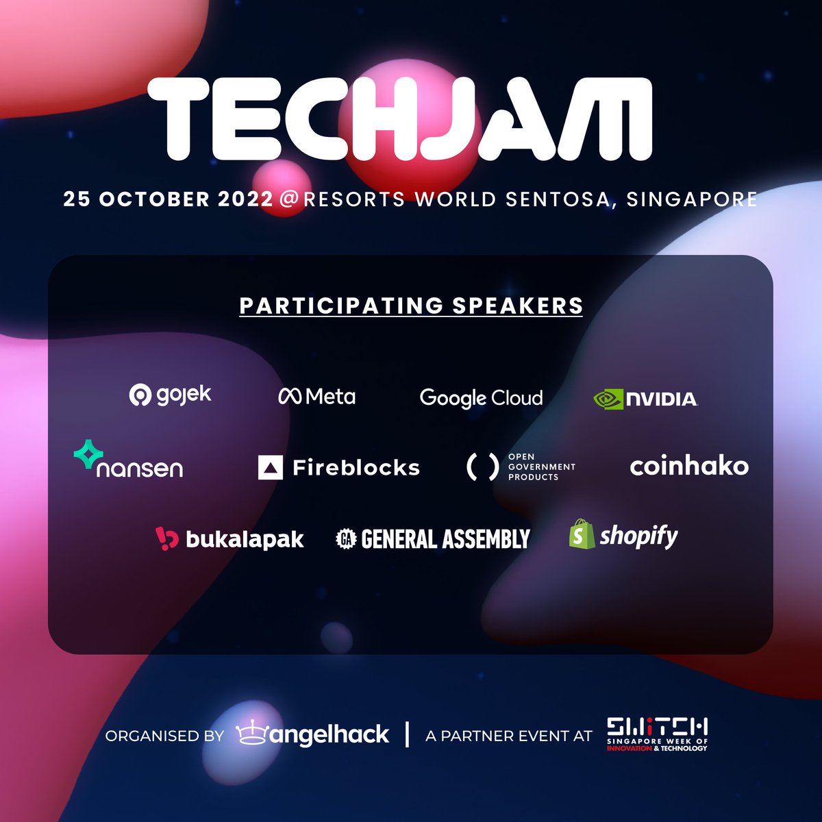 AngelHack's tweet photo. #TechJam2022 is happening tomorrow! 🎊

Registrations are still open &amp; entry is free for everyone. 👐🏻 Get ready for a day filled with keynote sessions, panel discussions, networking, refreshments, &amp; entertainment! 

Sign up if you haven’t ➡️ https://t.co/zu3vrCiR1o

#SWITCH2022 https://t.co/fnDlyfKXkL