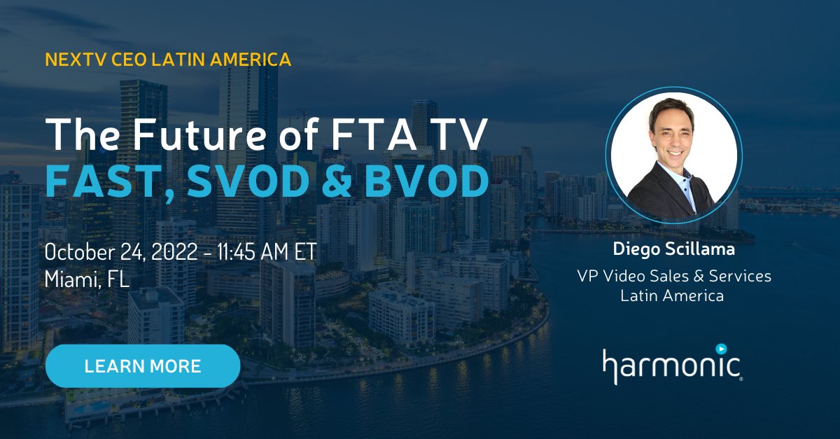 We're in Miami for @NextvSeries CEO Latin America! Join Harmonic's Diego Scillama on a panel discussion today on content monetization at 11:45 AM. #AVOD #SVOD #FAST