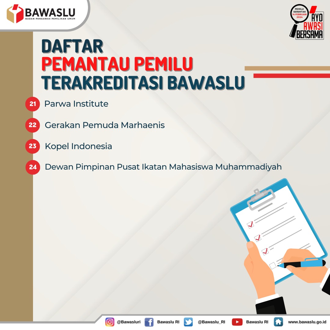 #SahabatBawaslu, berikut daftar Pemantau Pemilu yang terakreditasi oleh Bawaslu per 24 Oktober 2024. 
Bagi Sahabat yang belum mendaftar, ayo dong, daftar. Awasmin tunggu ya! 😉Pendaftaran Pemantau Pemilu sampai 7 Februari 2024.